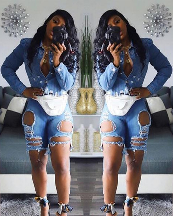 Denim Bodycon Slit Ripped Women Shorts With Pockets LA3108