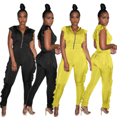 Women Black/Yellow Zipper Ruffle Tight Jumpsuit YT3130