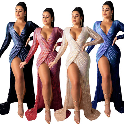 Shiny V Collar Sexy High Split Party Floor Length Dress QZ5309