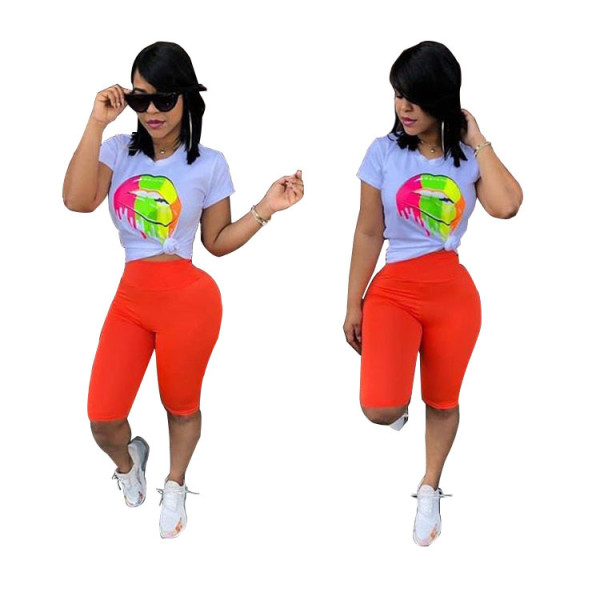 Newest Lady Shorts Suits Mouth Print T-Shirt Mid Pants N9100