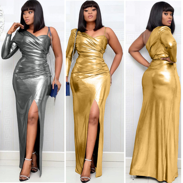 Sexy Shiny One Shoulder Hot Stamping Party Split Long Dress YX9187