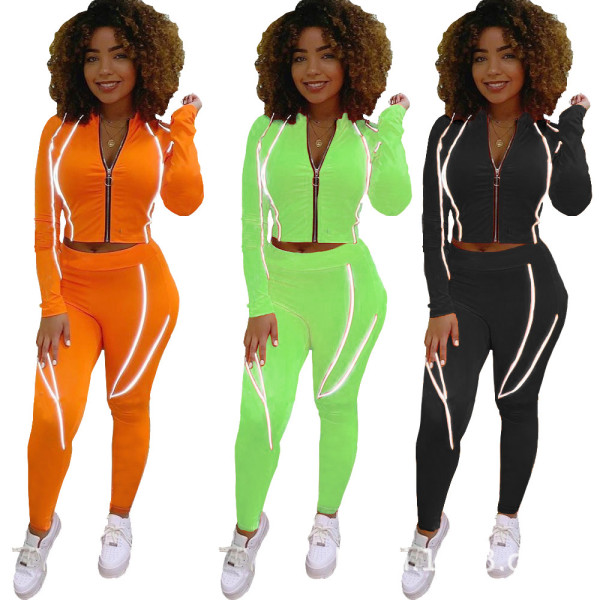 Womens long-sleeved fluorescent casual sports trousers two-piece suit L0318