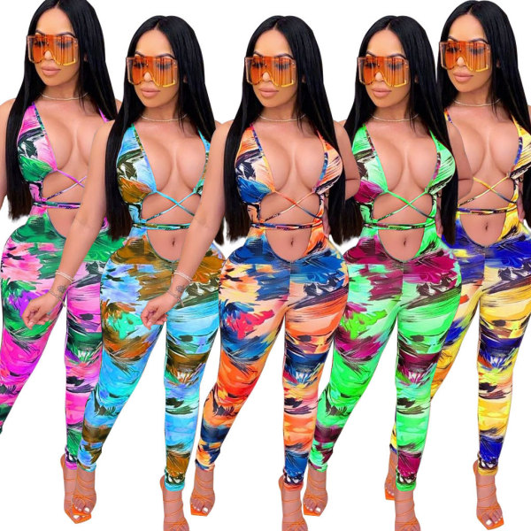 Sexy Multicolor Printed Hollow Out Lace-Up Jumpsuit LA3208