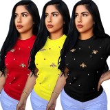 Cheap Bodycon Butterfly Short Sleeves Beading T-Shirt E8291