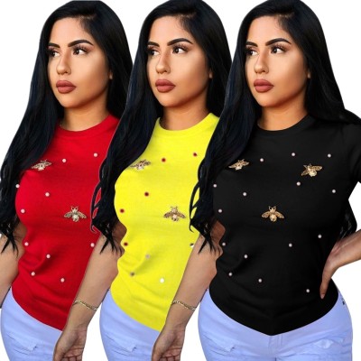 Cheap Bodycon Butterfly Short Sleeves Beading T-Shirt E8291