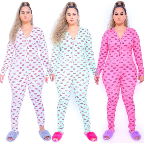 Sexy Digital Printed Long Sleeve V-Neck Jumpsuit SMR9630