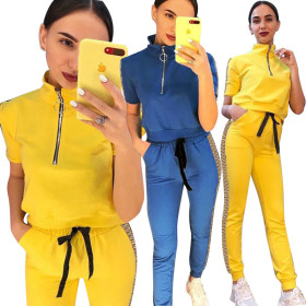 Short Sleeve Zipper Sport Top Elastic Waistband Skinny Pants F8204