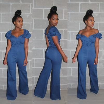 Classic sexy blue V-neck strapless trousers MOS949