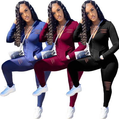 Casual Solid Color Zipper Long Sleeves Top With Trousers Hole Two Piece Set HG063