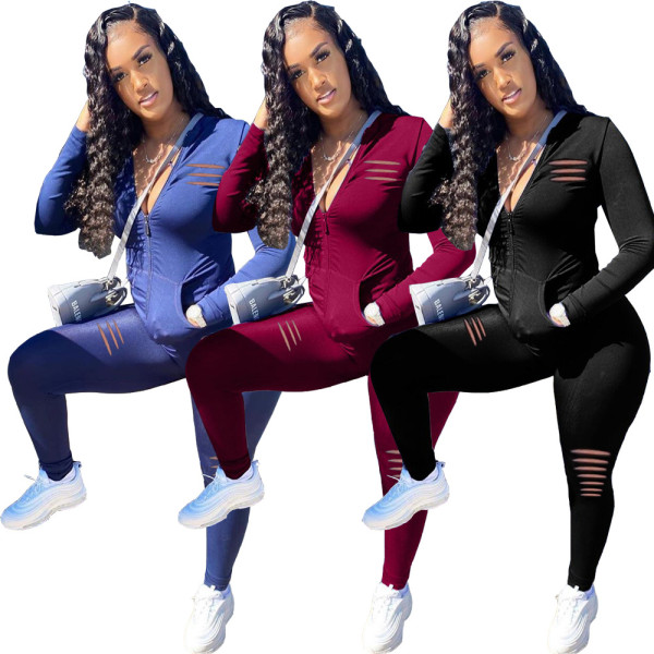 Casual Solid Color Zipper Long Sleeves Top With Trousers Hole Two Piece Set HG063