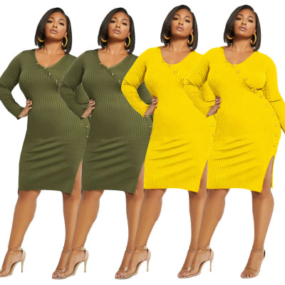 Large size princess dress Pit buttoned slit long sleeve dress Q5063