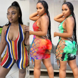 Women\'s colorful stripes. Tie-dye sexy backless lace one-piece swimsuit XL RSN734