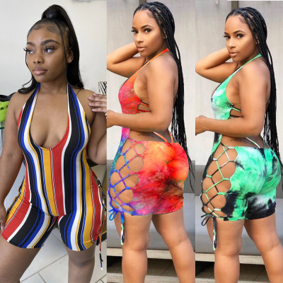 Women\'s colorful stripes. Tie-dye sexy backless lace one-piece swimsuit XL RSN734