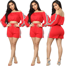 Red Off Shoulder Tops+Shorts Women Sets T3310H
