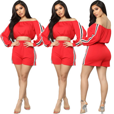 Red Off Shoulder Tops+Shorts Women Sets T3310H