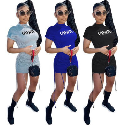 Fashion Letter Printed Round Neck Short Sleeves Pleated Mini Dress F8287