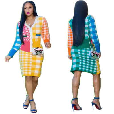 Wholesale Price Colorful Dress Sets 2pcs V Neck Tops Bodycon Skirt OEP6085