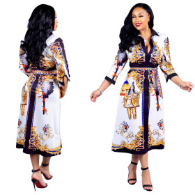 National Style V Collar Autumn 3/4 Sleeves Printing Dress OFN6090