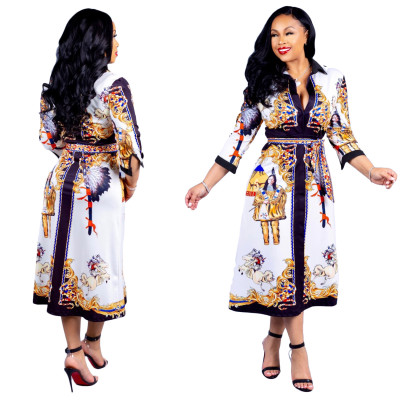 National Style V Collar Autumn 3/4 Sleeves Printing Dress OFN6090
