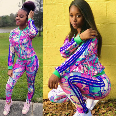 Wholesale Autumn Bodycon Colorful Printing Track Suits D8215