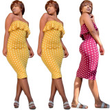 Cheap Ruffle Overlay Slim Polka Dot Strapless Midi Dress YY5036