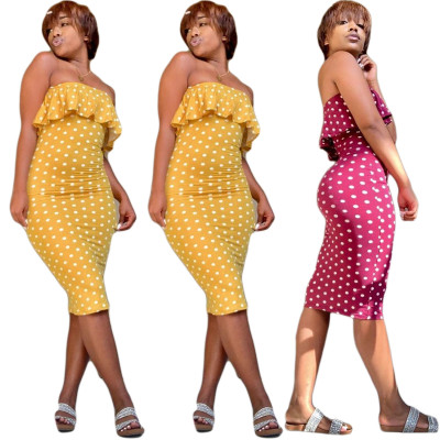 Cheap Ruffle Overlay Slim Polka Dot Strapless Midi Dress YY5036