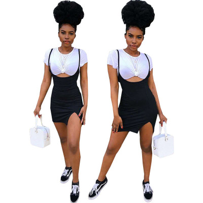Short Sleeve White T-Shirt Split Condole Belt Skirt Bodycon Sets HHM6128