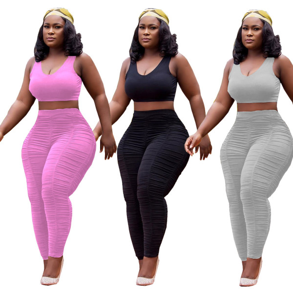 Solid color casual pleated pants two-piece suit DM8129