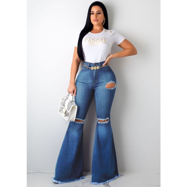 Sexy fashion wild knee hole stretch tight denim flared pants HSF2074