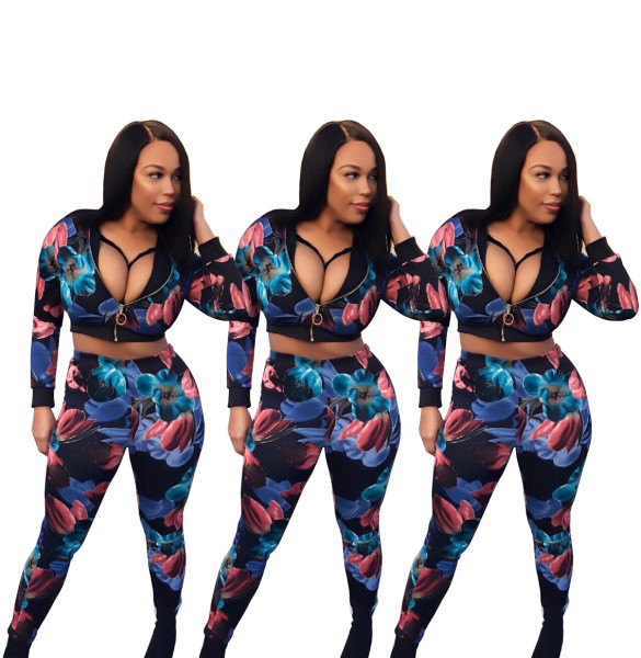 Casual Floral Print Outfits Crop Top Tight Pants WSM5015
