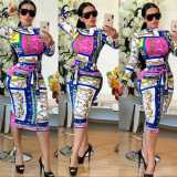 Printed Bodycon Sets Zipper Long Sleeves Top Tied Midi Skirt YX9167