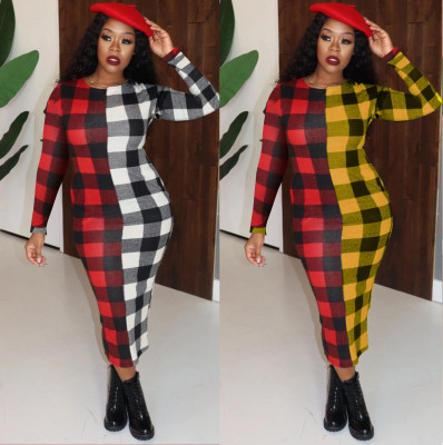 Newest Contrast Color Round Neck Checks Ankle Length Dress TZ10850