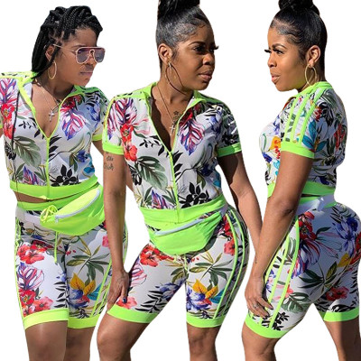 Flower Print Midi Shorts Two Pieces Sets F8196
