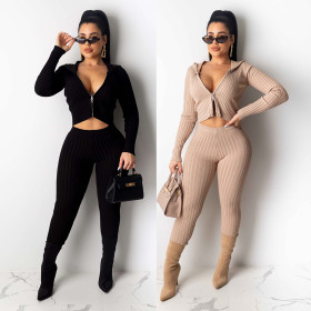 Stylish Ribber Pure Color Slim Fitting Hooded Suits For Daily Wear K8866