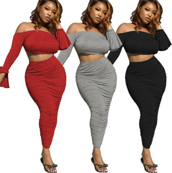 Sexy Strapless Flared Sleeves Mini Top With Pleated Midi Skirts Two Pieces Dress Sets SMD2028