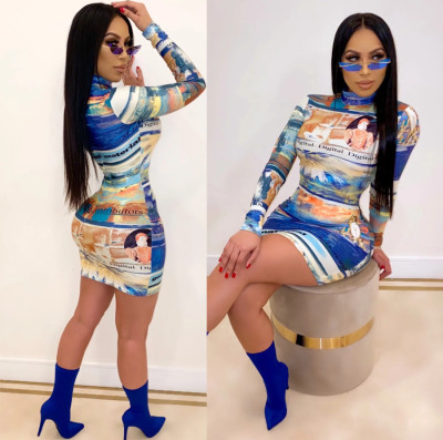 Mature Women Multicolor Printing Round Collar Bodycon Dress QZ3295