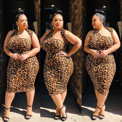 Leopard print irregular collar sexy size dress JLY1874