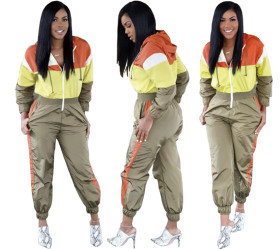 Sport Color Patchwrok Hooded Women Jumpsuit LA3069