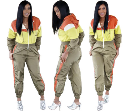 Sport Color Patchwrok Hooded Women Jumpsuit LA3069