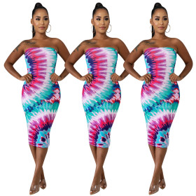 Wholesale Tie-Dye Women Dew Shoulder Bodycon Dress ED8106