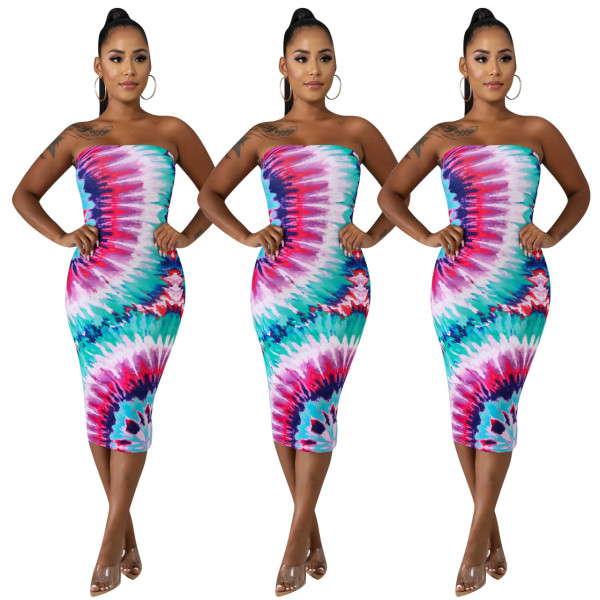 Wholesale Tie-Dye Women Dew Shoulder Bodycon Dress ED8106