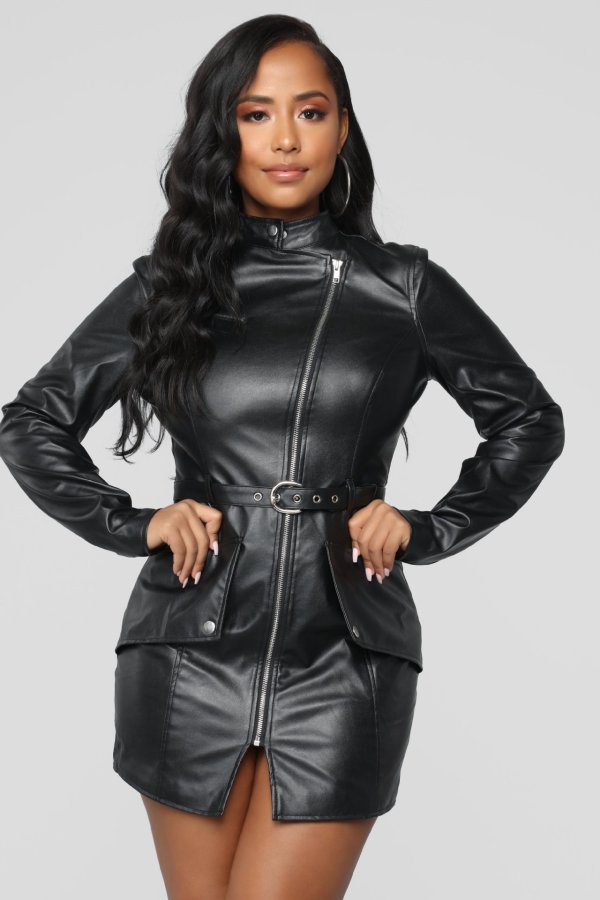 Sexy Zipper Bodycon PU Leather Wrap Dress With Belt C1062