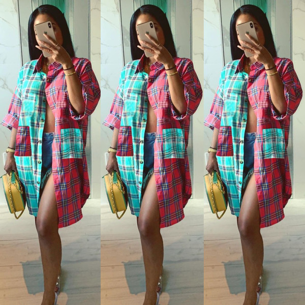 Long plaid contrast shirt double pocket versatile skirt TK6027