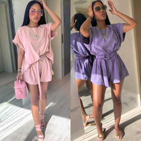 Casual Lady Pink/Purple Loose Shorts Suits With Belt K8767