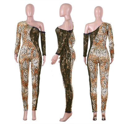 Unique Female Bodycon Lace Patchwork Leopard Print Jumpsuit NK065
