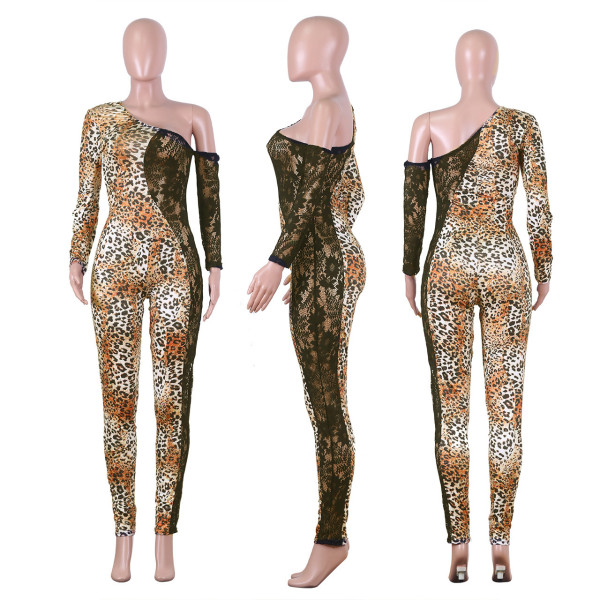 Unique Female Bodycon Lace Patchwork Leopard Print Jumpsuit NK065