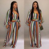Lantern Sleeves Top Wide Leg Pants Striped Colorful Sets HM5158
