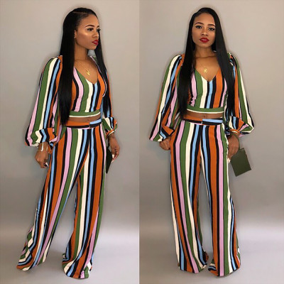 Lantern Sleeves Top Wide Leg Pants Striped Colorful Sets HM5158