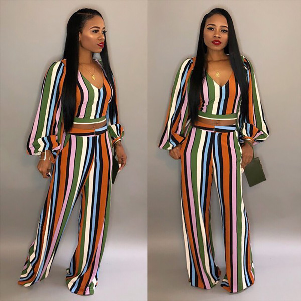 Lantern Sleeves Top Wide Leg Pants Striped Colorful Sets HM5158
