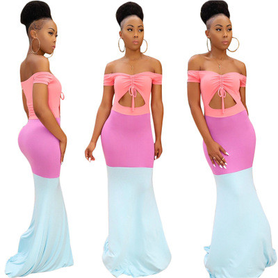 Stylish Color Block Off Shoulder Floor Length Dress SN3615
